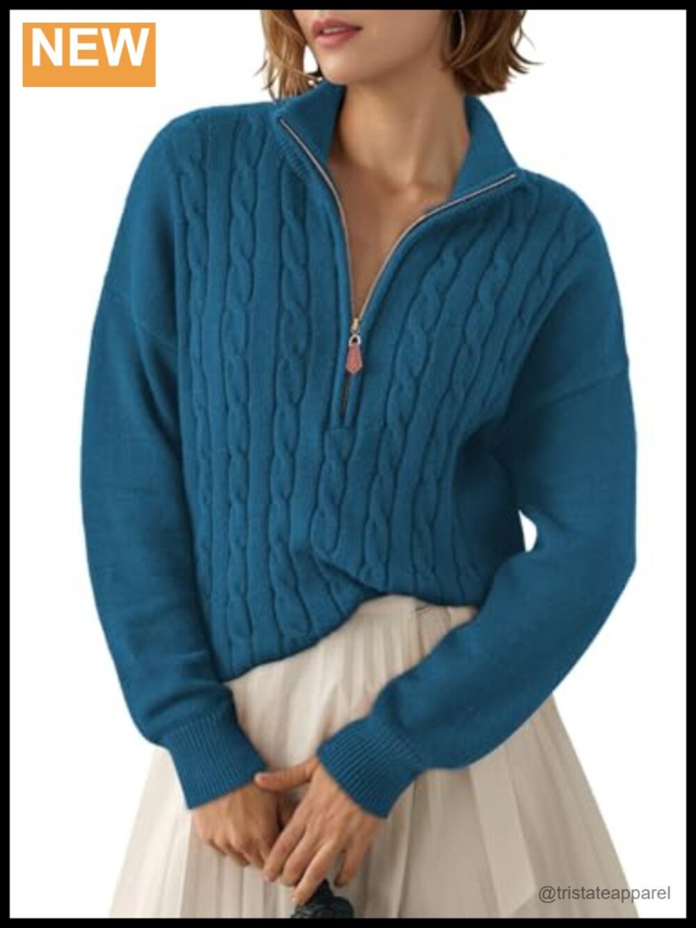 V-Neck Zip Pullover Sweater Ribbed Knit Quarter Zip
